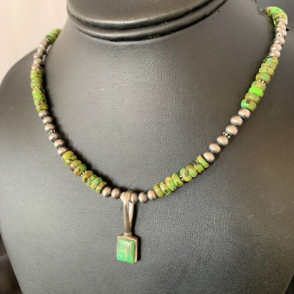 Navajo Green Gaspeite Turquoise Pendant | Sterling Silver | Authentic Native American Handmade | 13266