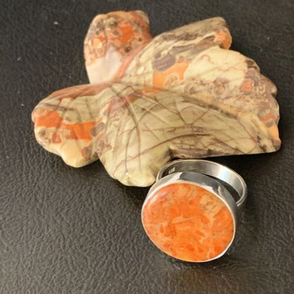 Native American Women's Apple Coral Sponge Ring | Sterling Silver | Sz 8 | 14046