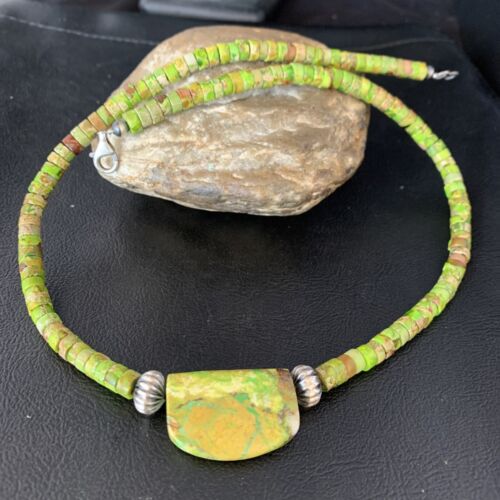 Navajo Green Gaspeite Turquoise Pendant | Sterling Silver | Authentic Native American Handmade | 13942