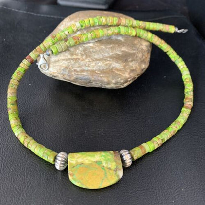 Navajo Green Gaspeite Turquoise Pendant | Sterling Silver | Authentic Native American Handmade | 13942