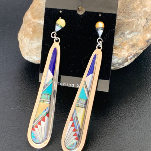 Navajo Multi-Color Turquoise Coral Mother of Pearl Inlay Earrings | Sterling Silver | 3" | 2097