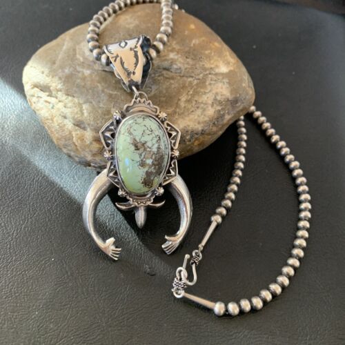 Navajo Green Spiderweb Turquoise Necklace with Naja Pendant | Sterling Silver | Authentic Native American Handmade | 2246 - Masha USA
