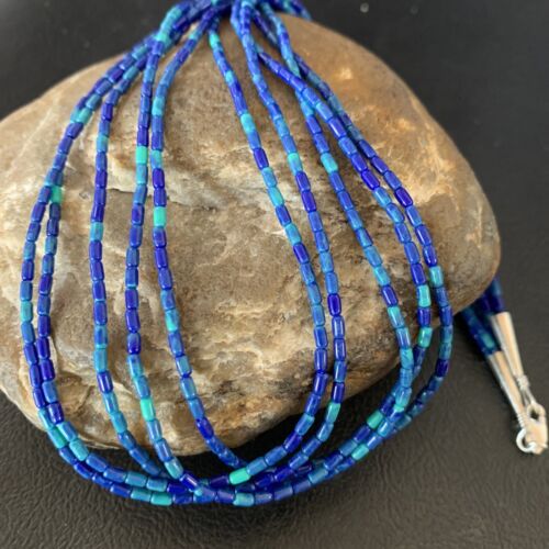 Blue Green Azurite Heishi Necklace | 5 Strand Stabilized Sterling Silver Pendant | 12930