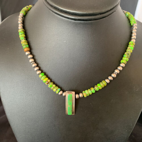 Navajo Green Gaspeite Turquoise Inlay Pendant | Sterling Silver | Authentic Native American Handmade | 13265