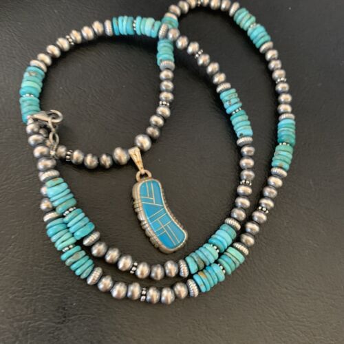 Navajo Pearls Turquoise Necklace with Inlay Pendant | Sterling Silver | 21" | Authentic Native American Handmade | 12579