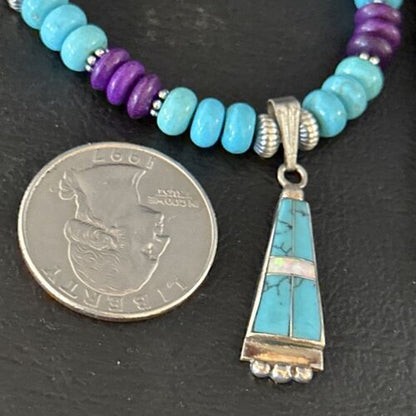 Navajo Blue Turquoise Sugilite Necklace Pendant | Sterling Silver Inlay | Authentic Native American Handmade | 14643