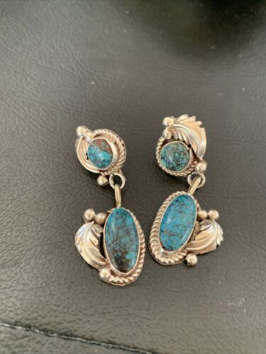 Handmade Navajo Spiderweb Turquoise Dangle Earrings | Sterling Silver | Authentic Native American | 1400