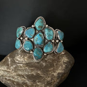 Men's Sterling Silver Cuff Bracelet | Blue Kingman Turquoise Cluster | Authentic Native American Handmade | 14596