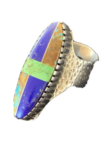 Navajo Multi-Color Lapis & Turquoise Inlay Ring | Sterling Silver | Sz 7 | Authentic Native American Handmade | 1578