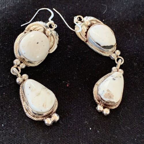 Navajo White Buffalo Turquoise Dangle Earrings | Sterling Silver | 2.50" | Authentic Native American Handmade | 1665