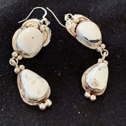 Navajo White Buffalo Turquoise Dangle Earrings | Sterling Silver | 2.50" | Authentic Native American Handmade | 1665