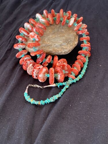 Native American Navajo Red Spiny Oyster & Turquoise Necklace | Sterling Silver | 34" Graduated | 4679