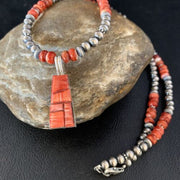 Navajo Pearls Red Spiny Oyster Sterling Necklace | Inlay Pendant | 20" | Native American Jewelry | 13652