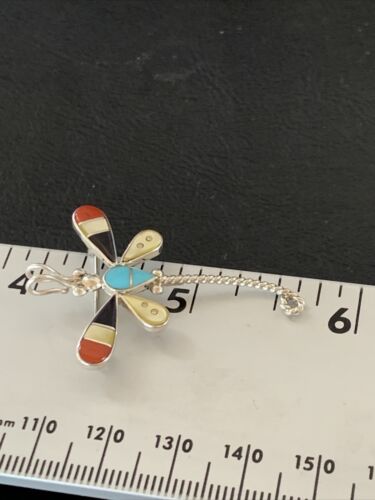 Zuni Turquoise Yellow Mother of Pearl Inlay Dragonfly Necklace Pin Pendant | Sterling Silver | 12323