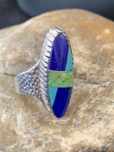 Navajo Multi-Color Lapis & Turquoise Inlay Ring | Sterling Silver | Sz 7 | Authentic Native American Handmade | 1577