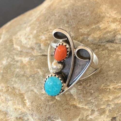 Navajo Coral Blue Turquoise Multi-Stone Ring | Authentic Native American Sterling Silver | Sz 6.5 | 10826