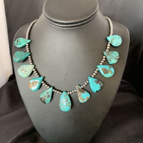 Southwestern Navajo Pearls Necklace | Sterling Silver Blue Turquoise Teardrop | 13151