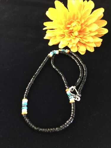 Navajo Black Onyx Turquoise Necklace | Sterling Silver | 18" | Authentic Native American Handmade | 10001
