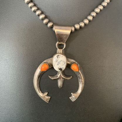 Navajo White Buffalo Turquoise & Spiny Oyster Naja Pendant | Sterling Silver | Authentic Native American Handmade | 13647