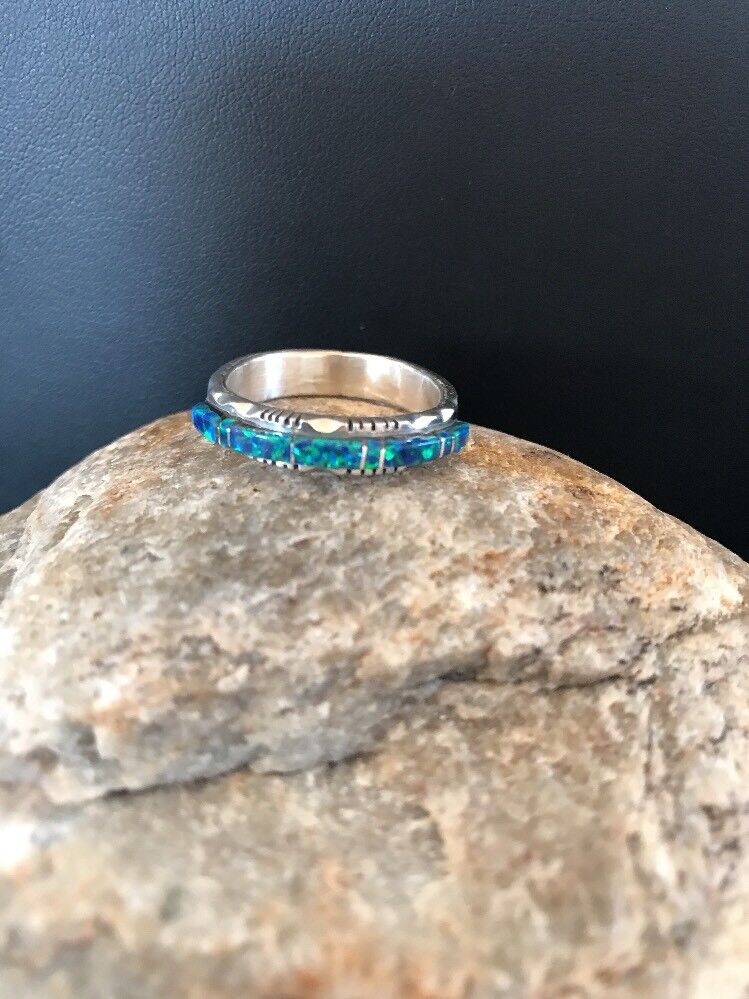 Southwestern Navajo Blue Opal Inlay Ring | Sterling Silver | Sz 9.5 | Authentic Native American Handmade | 10612