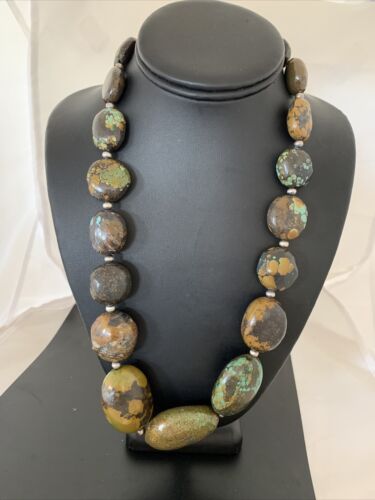 Navajo Graduated Sterling Silver Green Chunky Turquoise Necklace | Authentic Native American | 22" | 1855