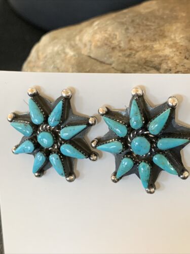 Navajo Blue Cluster Turquoise Stud Earrings | Sterling Silver | Authentic Native American Handmade | 12303