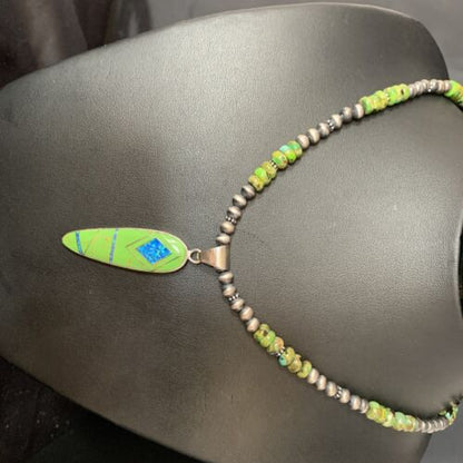Navajo Green Turquoise Gaspeite Inlay Necklace | Sterling Silver | Authentic Native American Handmade | 13809