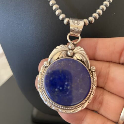 Native American Men's Necklace | Sterling Silver Navajo Pearls with Blue Lapis Pendant | 1525