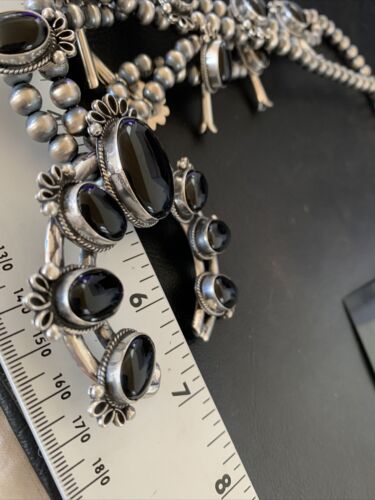 Navajo Pearls Black Onyx Squash Blossom Necklace | Sterling Silver | Authentic Native American Handmade | 12724