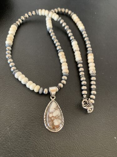 Navajo Pearls Wild Horse Turquoise Howlite Necklace Pendant | Sterling Silver | Authentic Native American Handmade | 1913