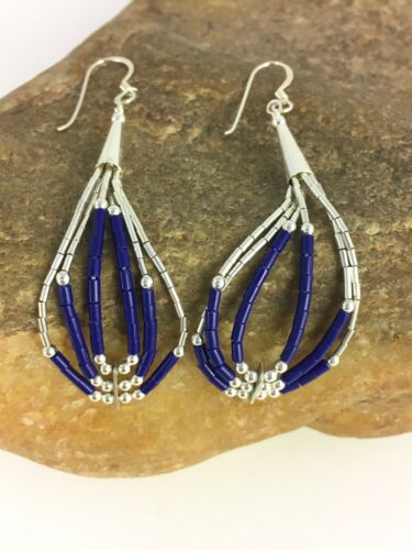Navajo Lapis Lazuli Heishi Tube Dangle Earrings | Sterling Silver | 2" | 8876
