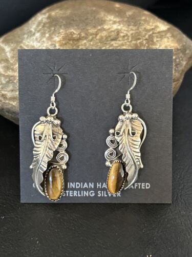 Navajo Coffee Tigers Eye Dangle Earrings | Sterling Silver | Authentic Native American Handmade | 14759 - Masha USA