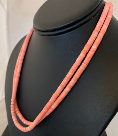 Navajo Pink Coral 2 Strand Heishi Bead Necklace | Sterling Silver Tube | 16" | Authentic Native American | 00758
