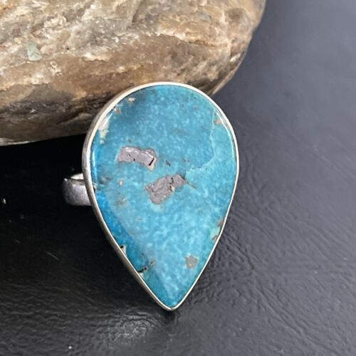 Navajo Blue Kingman Turquoise Ring | Sterling Silver | Sz 10 | Teardrop | Authentic Native American Handmade | 10508