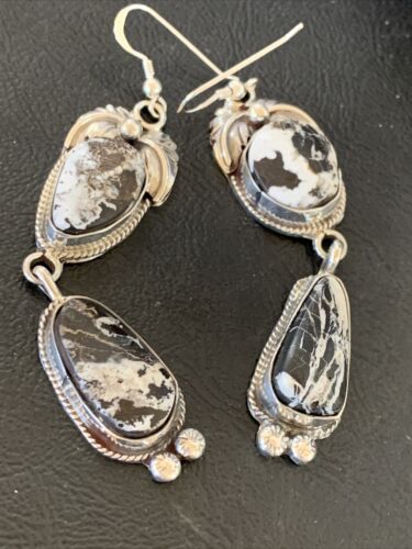 White Buffalo Turquoise Dangle Earrings | Sterling Silver | 2.5" | Authentic Native American Handmade | 12156