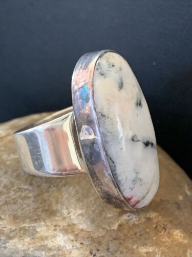 Southwestern Navajo Cinnabrite Ring | White Black | Sterling Silver | Sz 7.5 | 01560