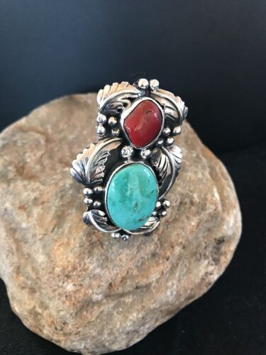 Navajo Royston Turquoise Coral Multi-Stone Men's Ring | Authentic Native American Sterling Silver | Sz 8 | 02218