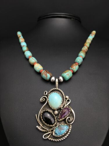 Navajo Turquoise and Spiny Oyster Multi-Stone Necklace | Authentic Native American Sterling Silver | 21" | 4885