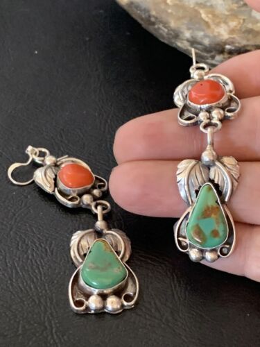 Navajo Green Royston Turquoise & Red Coral Dangle Earrings | Sterling Silver | Native American Handmade | 12553
