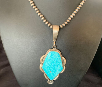 Men's Navajo Pearls Necklace with Blue Kingman Turquoise Pendant | Sterling Silver | Native American | 13255