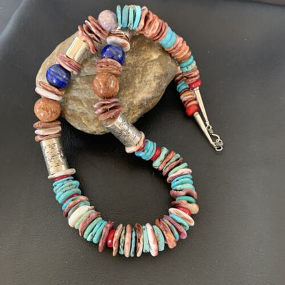 Native American Sterling Silver Necklace | Turquoise, Spiny Oyster, Coral, Lapis | 24" | 11869