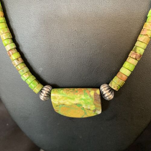 Navajo Green Gaspeite Turquoise Pendant | Sterling Silver | Authentic Native American Handmade | 13942