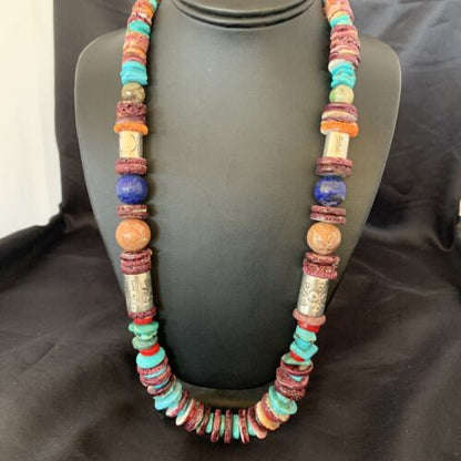 Navajo Turquoise Spiny Oyster Coral Lapis Necklace | Sterling Silver | 24" | 10824