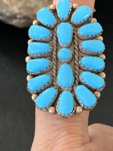 Navajo Kingman Turquoise Cluster Ring | Authentic Native American Sterling Silver | Multi-Stone | Sz 8 | 13856