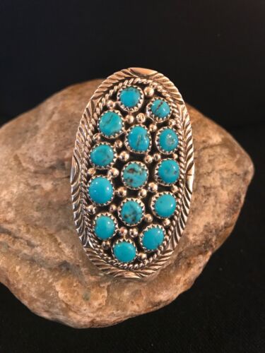 Navajo Kingman Turquoise Cluster Ring | Authentic Native American Sterling Silver | Multi-Stone | Sz 7.5 | 8392