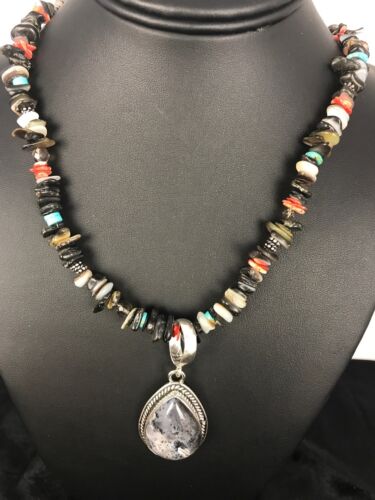Navajo Turquoise Spiny Oyster Abalone Pendant Necklace | Sterling Silver | Authentic Native American Handmade | 11886