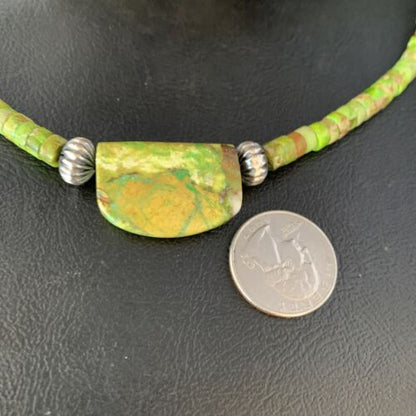 Navajo Green Gaspeite Turquoise Pendant | Sterling Silver | Authentic Native American Handmade | 13942