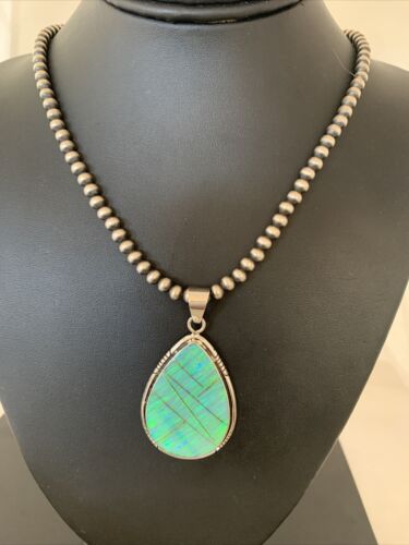 Native American Women's Navajo Green Faux Opal Pendant | Sterling Silver | 2.30" | 1895
