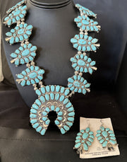 Navajo Blue Turquoise Squash Blossom Necklace & Earrings | Sterling Silver | Authentic Native American Handmade | 14483