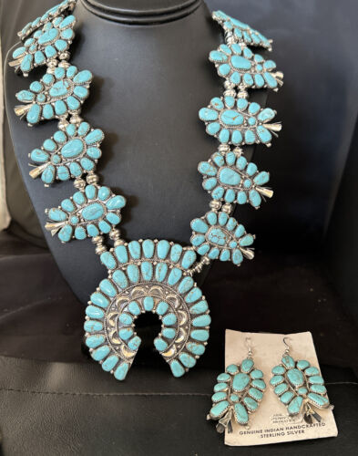 Navajo Blue Turquoise Squash Blossom Necklace & Earrings | Sterling Silver | Authentic Native American Handmade | 14483